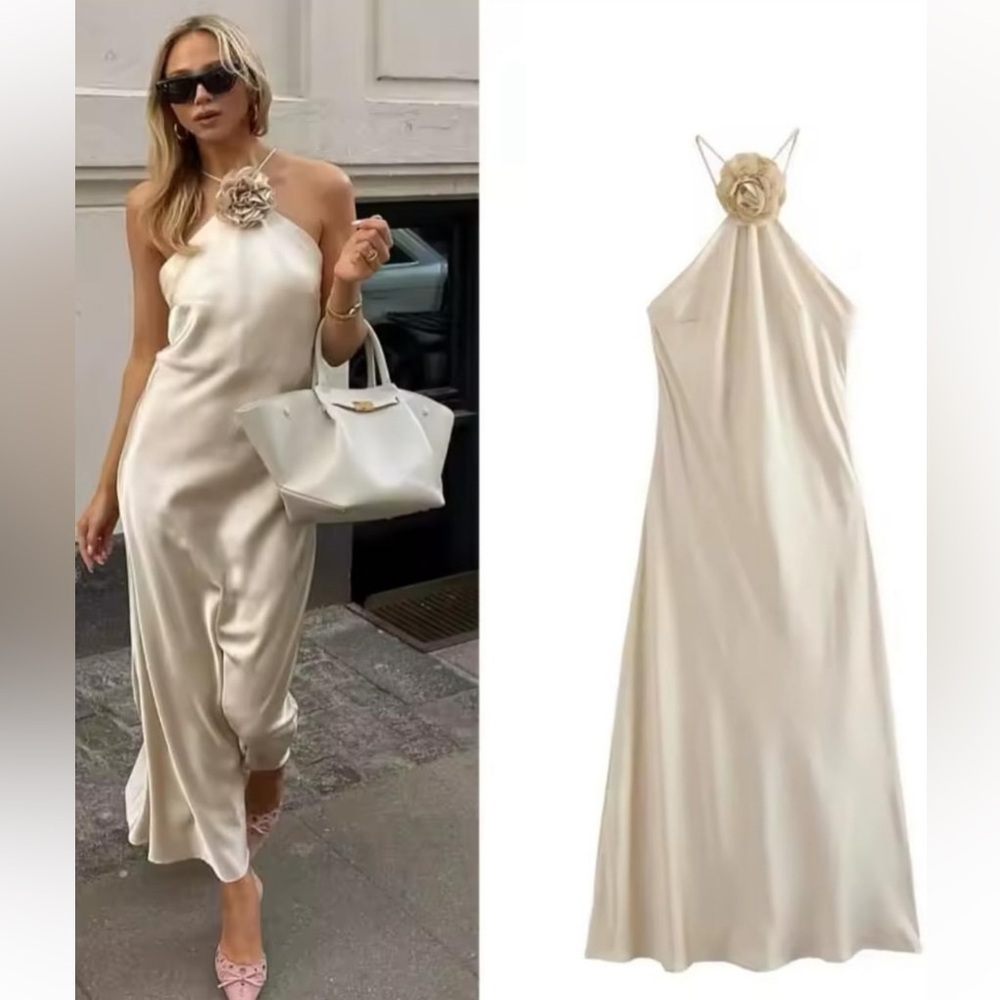 Elegant Cream Halter Dress with floral applique - Picture 4 of 10
